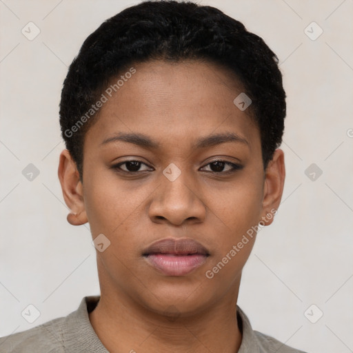 Neutral black young-adult female with short  black hair and brown eyes