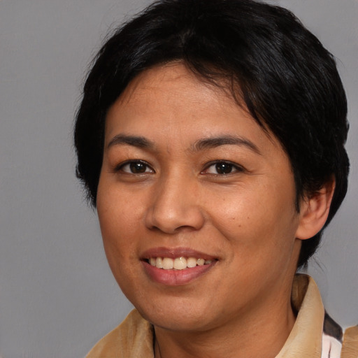 Joyful asian adult female with short  brown hair and brown eyes