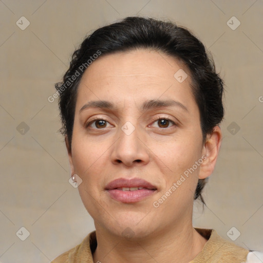 Joyful white adult female with medium  brown hair and brown eyes