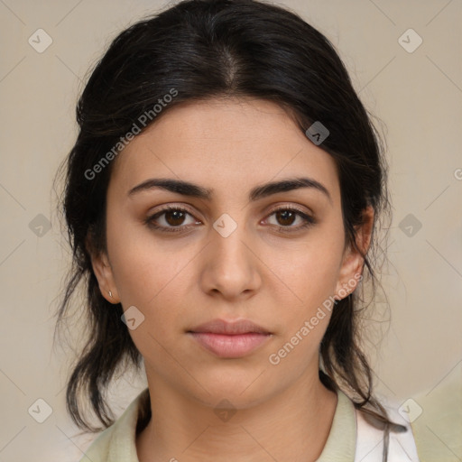 Neutral white young-adult female with medium  brown hair and brown eyes