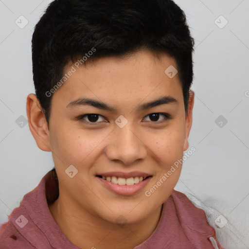 Joyful latino young-adult male with short  brown hair and brown eyes