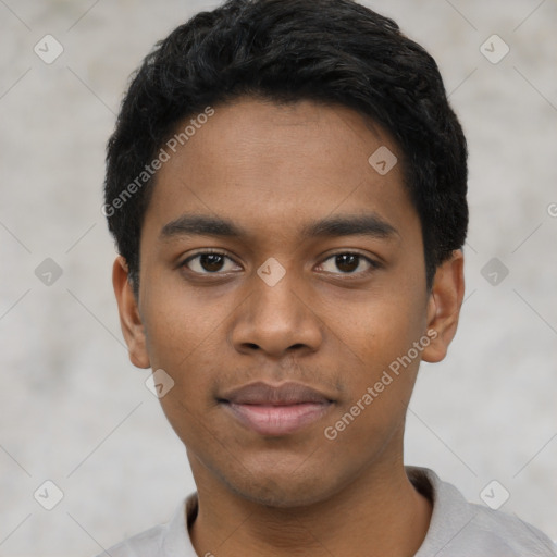 Neutral latino young-adult male with short  black hair and brown eyes