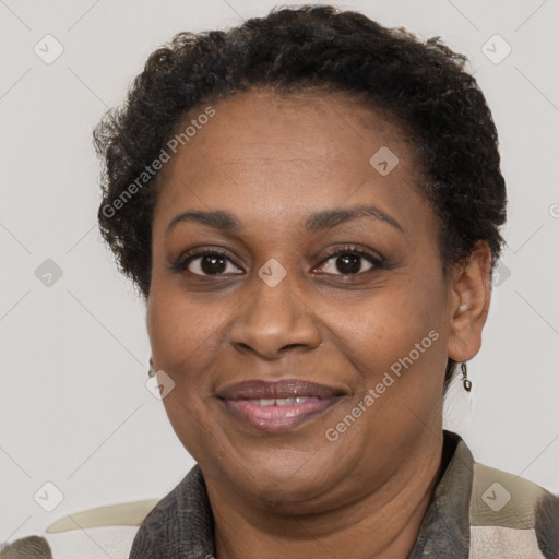 Joyful black adult female with short  brown hair and brown eyes