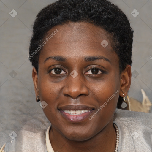 Joyful black young-adult female with short  brown hair and brown eyes