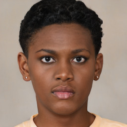 Neutral black young-adult female with short  brown hair and brown eyes