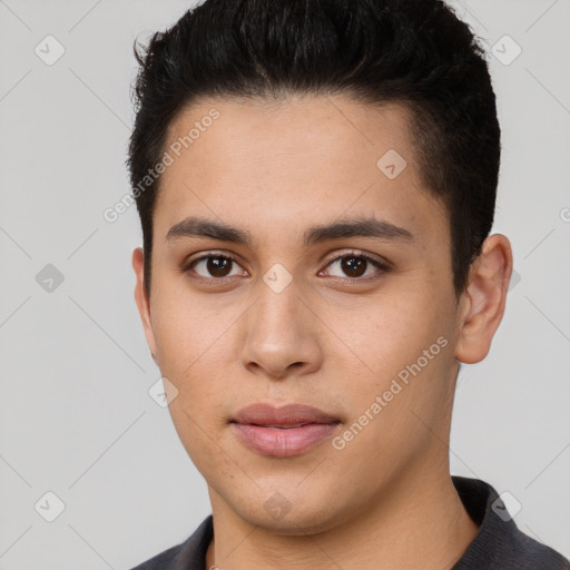 Neutral latino young-adult male with short  brown hair and brown eyes