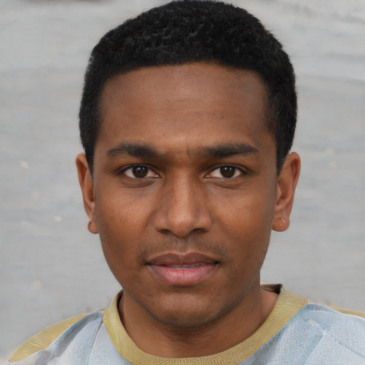 Neutral black young-adult male with short  black hair and brown eyes