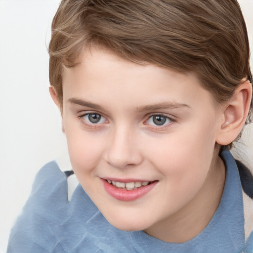 Joyful white child female with short  brown hair and grey eyes