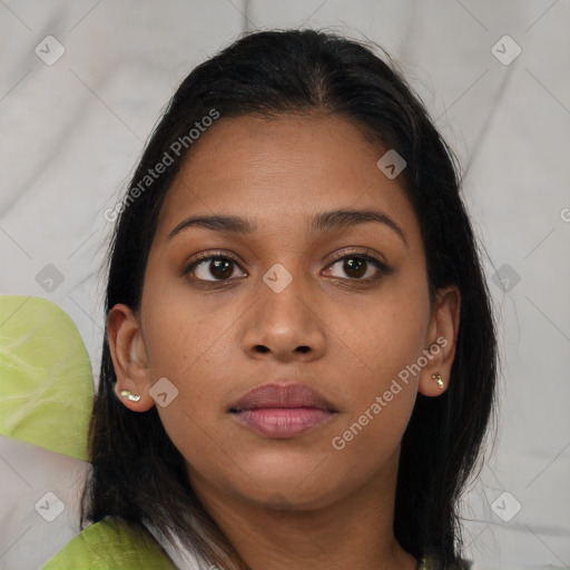 Neutral asian young-adult female with long  brown hair and brown eyes