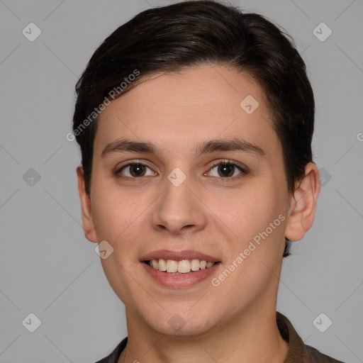 Joyful white young-adult female with short  brown hair and brown eyes