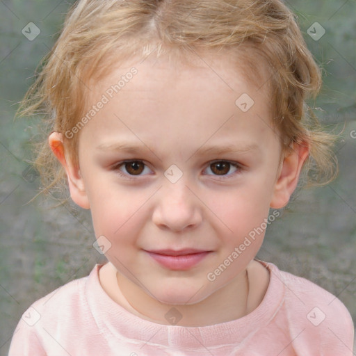 Joyful white child female with short  brown hair and brown eyes