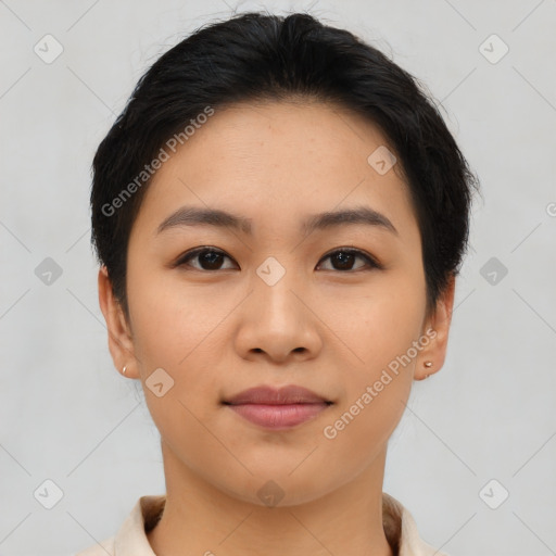 Joyful asian young-adult female with short  brown hair and brown eyes