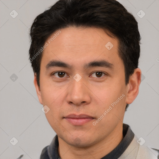 Neutral asian young-adult male with short  brown hair and brown eyes