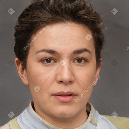 Neutral white young-adult female with short  brown hair and brown eyes