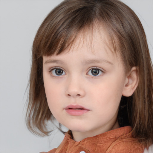 Neutral white child female with medium  brown hair and grey eyes