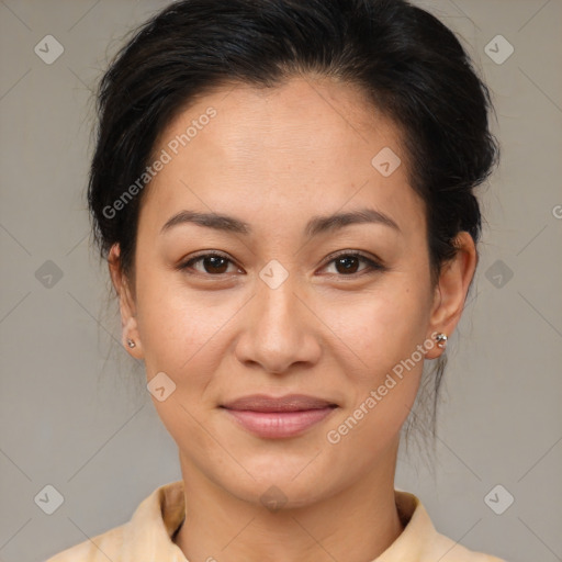 Joyful asian young-adult female with medium  brown hair and brown eyes