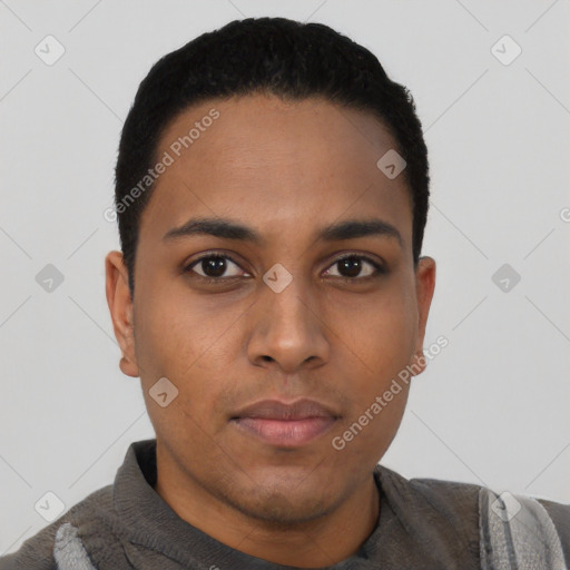 Neutral latino young-adult male with short  black hair and brown eyes