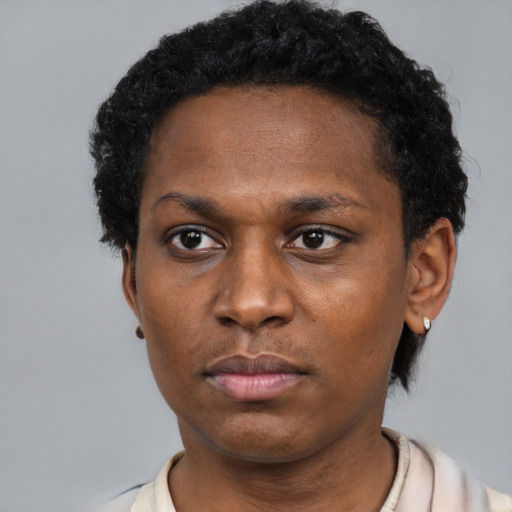 Neutral black young-adult female with short  black hair and brown eyes