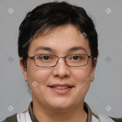 Joyful white adult female with short  brown hair and brown eyes