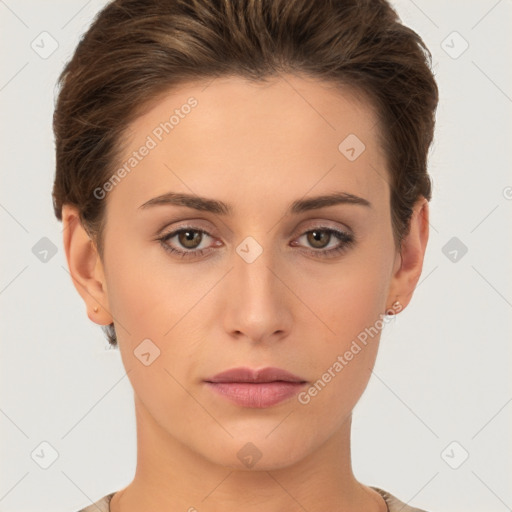 Neutral white young-adult female with short  brown hair and brown eyes