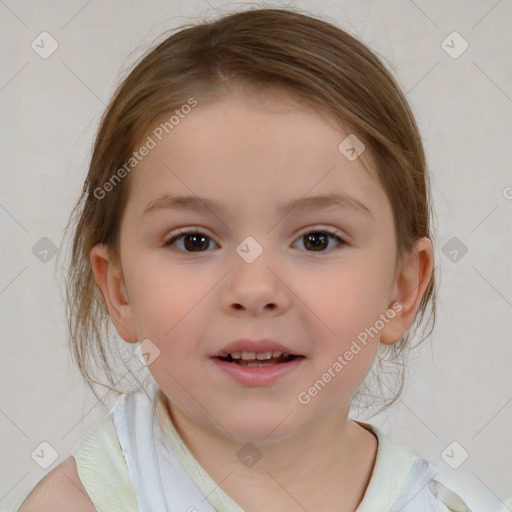 Joyful white child female with medium  brown hair and brown eyes