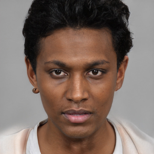 Neutral black young-adult male with short  black hair and brown eyes