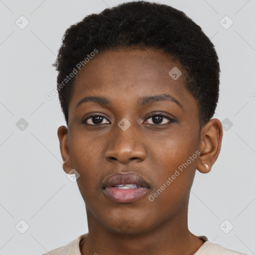 Neutral black young-adult female with short  brown hair and brown eyes