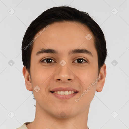 Joyful white young-adult male with short  brown hair and brown eyes