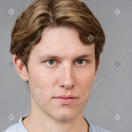 Neutral white young-adult male with short  brown hair and grey eyes