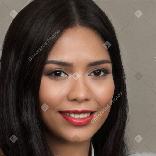 Joyful white young-adult female with long  black hair and brown eyes