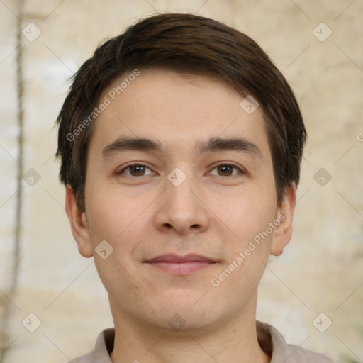 Neutral white young-adult male with short  brown hair and brown eyes