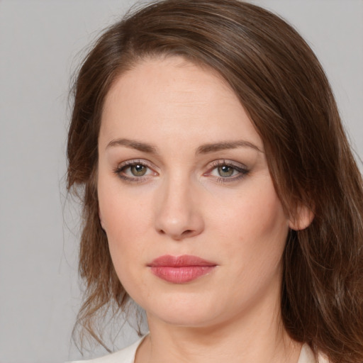 Neutral white young-adult female with medium  brown hair and brown eyes