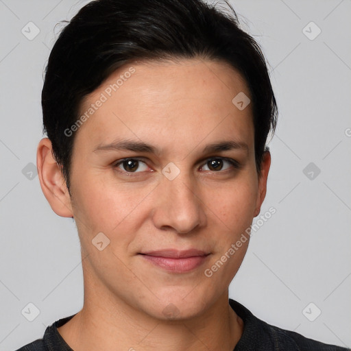 Joyful white young-adult female with short  brown hair and brown eyes