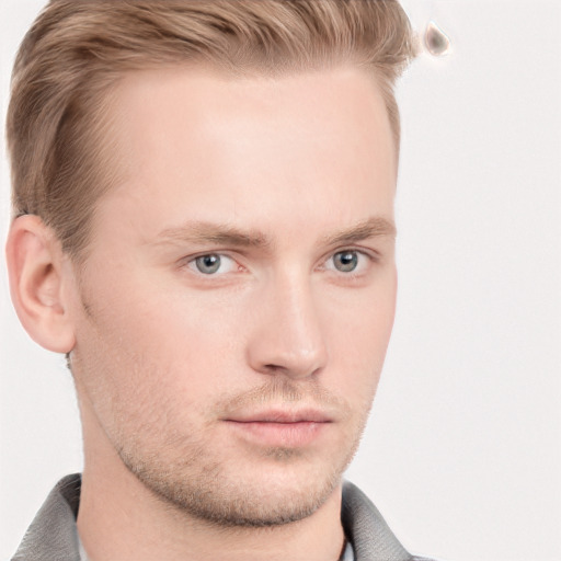 Neutral white young-adult male with short  brown hair and grey eyes
