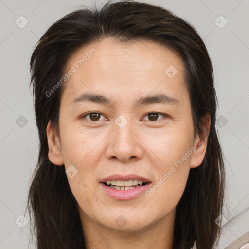 Joyful white young-adult female with medium  brown hair and brown eyes