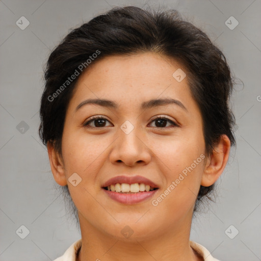 Joyful asian young-adult female with medium  brown hair and brown eyes