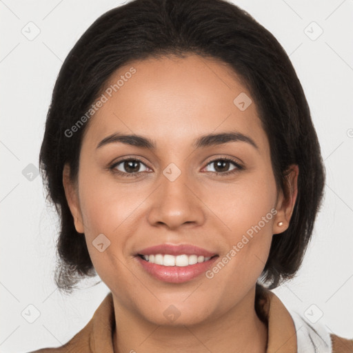 Joyful white young-adult female with medium  brown hair and brown eyes