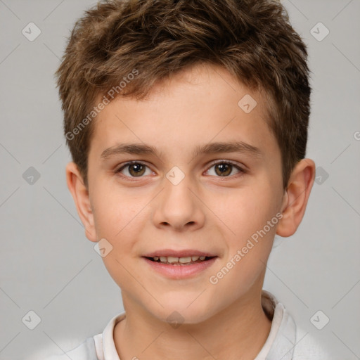 Joyful white child male with short  brown hair and brown eyes