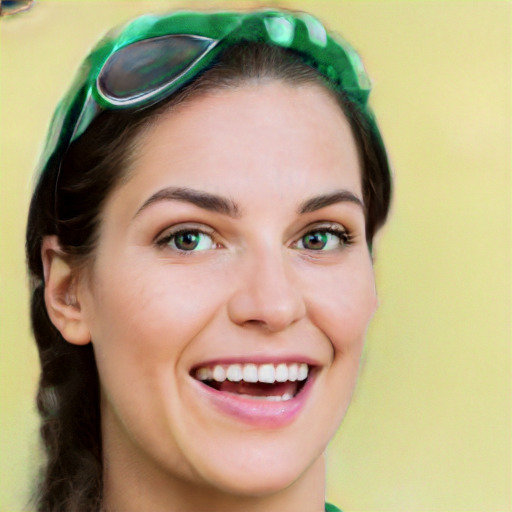 Joyful white young-adult female with long  brown hair and green eyes