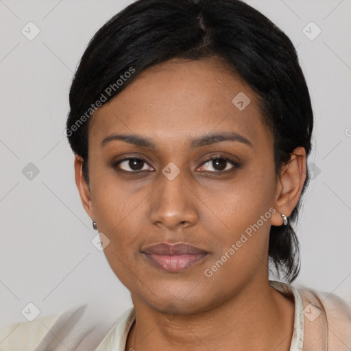 Neutral latino young-adult female with short  black hair and brown eyes