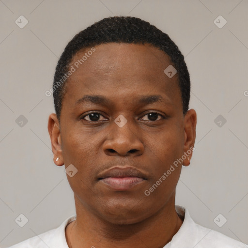 Neutral black young-adult male with short  black hair and brown eyes