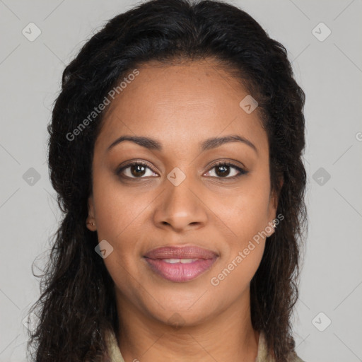 Joyful latino young-adult female with long  brown hair and brown eyes