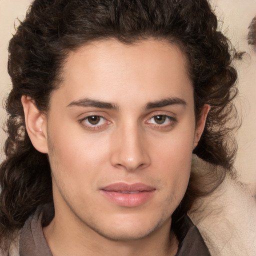 Joyful white young-adult male with medium  brown hair and brown eyes