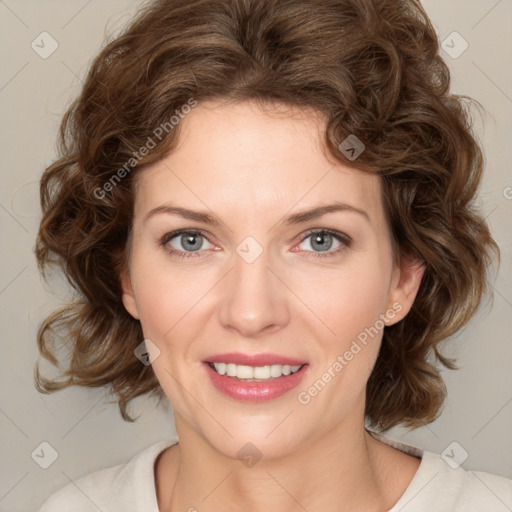 Joyful white young-adult female with medium  brown hair and green eyes