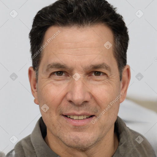 Joyful white middle-aged male with short  brown hair and brown eyes