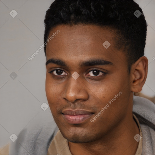Joyful black young-adult male with short  black hair and brown eyes