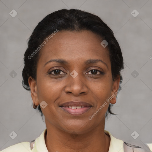 Joyful latino young-adult female with short  black hair and brown eyes