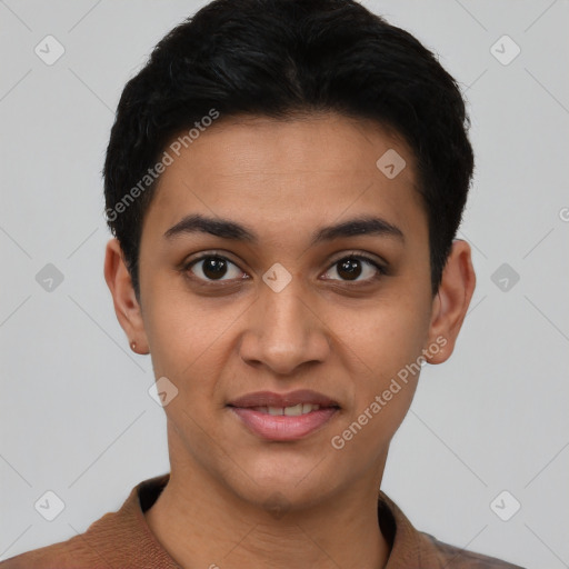 Joyful latino young-adult female with short  black hair and brown eyes