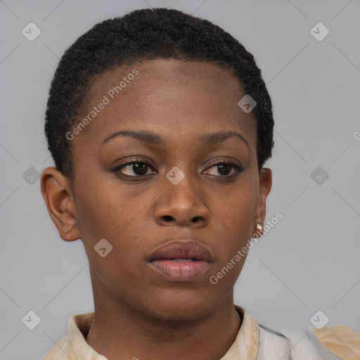 Neutral black young-adult female with short  brown hair and brown eyes