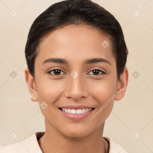 Joyful white young-adult female with short  brown hair and brown eyes